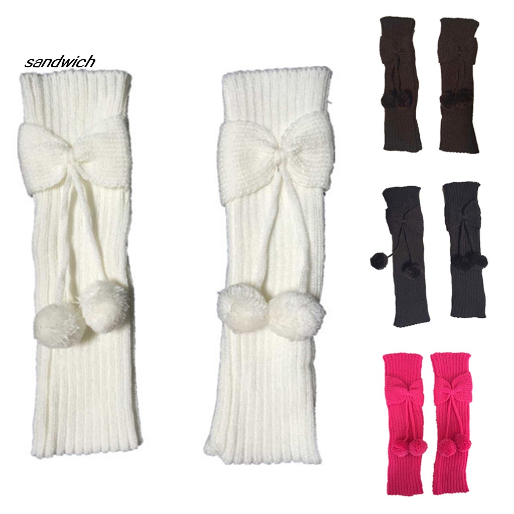 Vớ Ống Chân Dệt Kim Giữ Ấm Màu Trơn Đính Nơ Và Bóng Lông Dễ Thương Cho Bé Gái