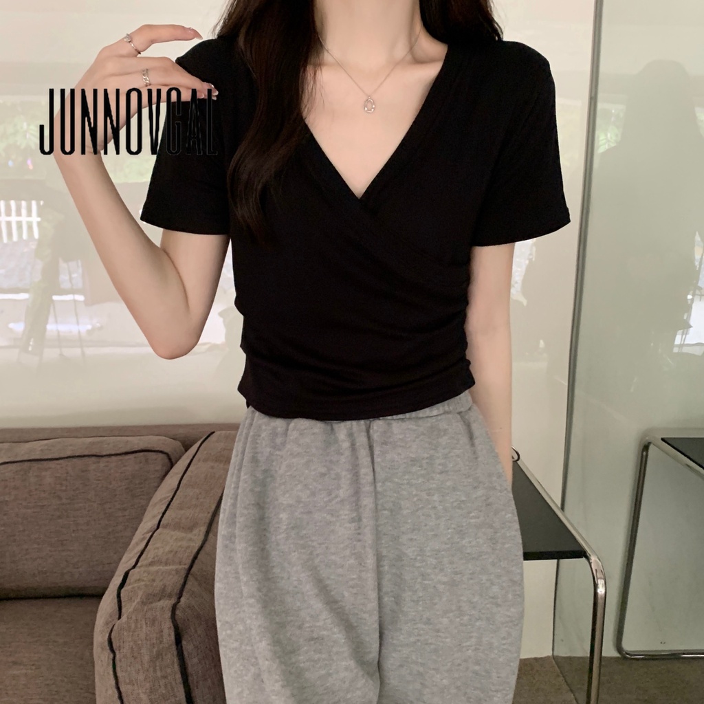 Áo thun JUNNOVGAL đắp chéo tà thời trang gợi cảm đa năng 2023 cho nữ