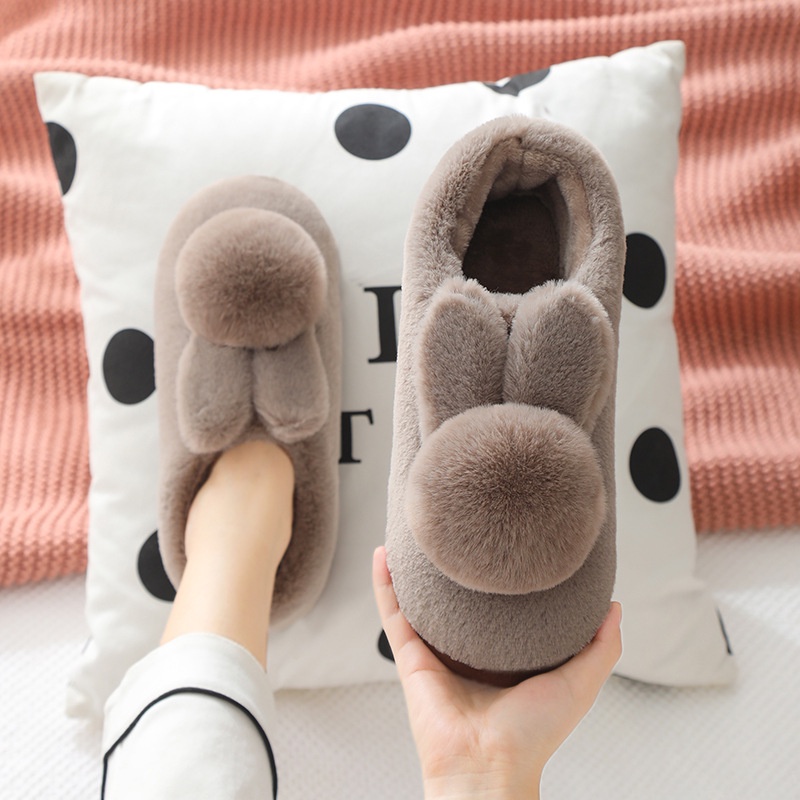 Bag heel cotton slippers nữ winter three-dimensional rabbit fur male couple anti-slip thick-so