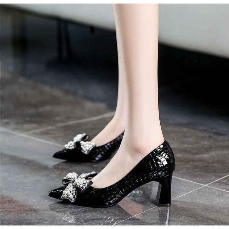 Giày Cao Gót Mũi Nhọn Đính Nơ Xinh Xắn Thời Trang Cho Nữ Size 34-39