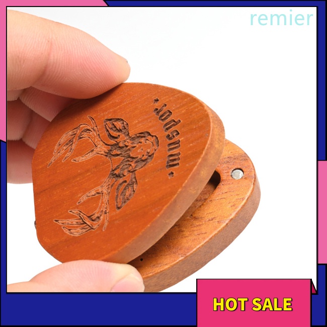 Re wood guitar pick holder pick-shaped guitar storage plectrum container display case with 5 pcs colorful guitar picks