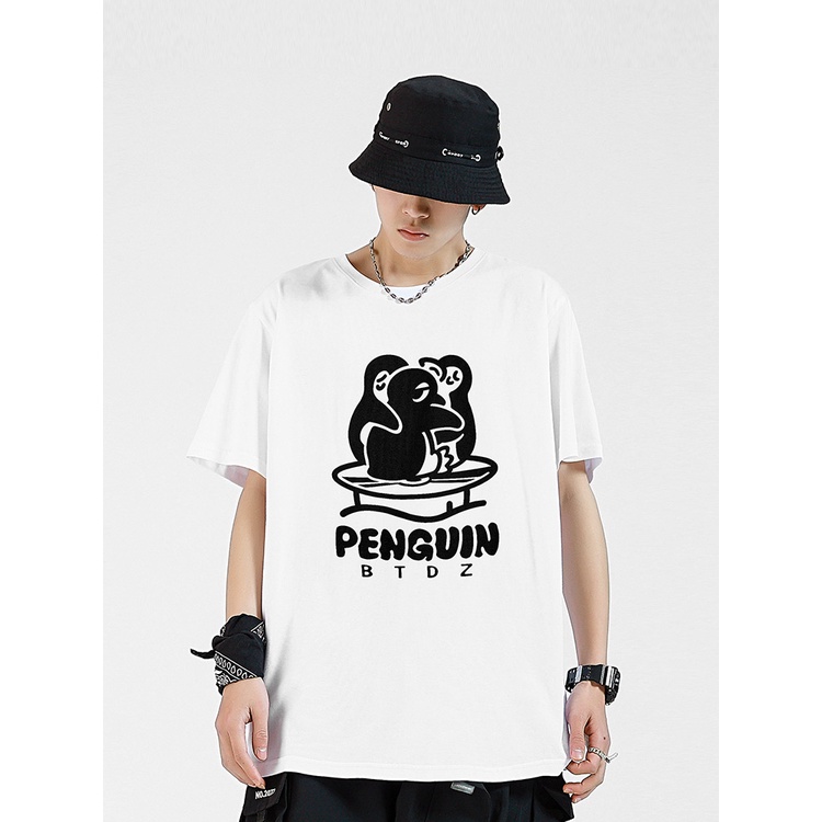 2023 phim hoạt hình mùa hè mới ba con chim cánh cụt in áo t-shirt ngắn tay nam mặc thoáng khí trung tính quá khổ cổ tròn t-shirt đen trắng hàng đầu quần áo cặp đôi