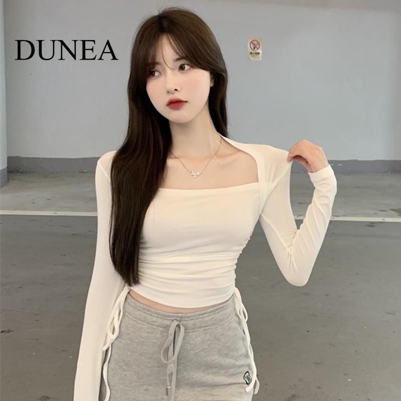 DUNEA Áo Thun Tay Dài Cổ Vuông Dáng Ôm Phối Dây Rút Thời Trang Cho Nữ