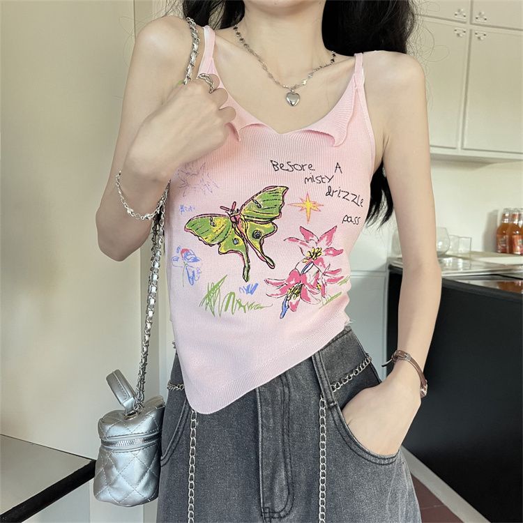 Áo Dệt Kim Hai Dây Dáng Ngắn In Họa Tiết Bướm Thời Trang Mùa Hè Hàng