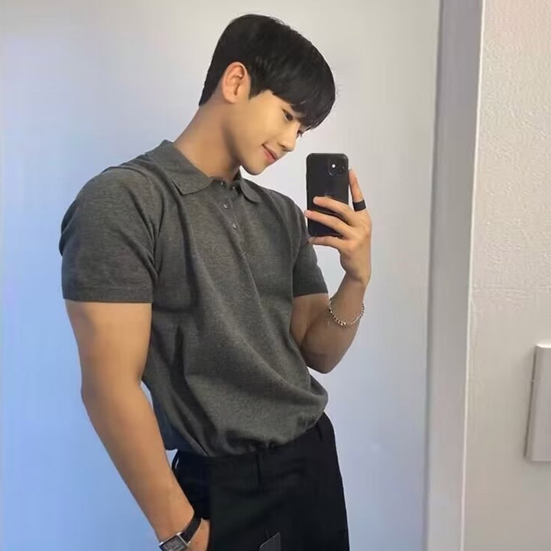 Áo POLO Dệt Kim Tay Lửng Dáng Rộng Màu Trơn Thời Trang Vintage Hàn Quốc Cho Nam