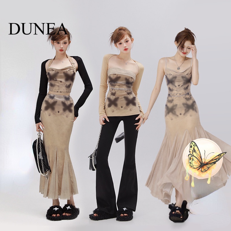 DUNEA Women's Sexy Butterfly Ink Print Top Breast & Fishtail Skirt Set