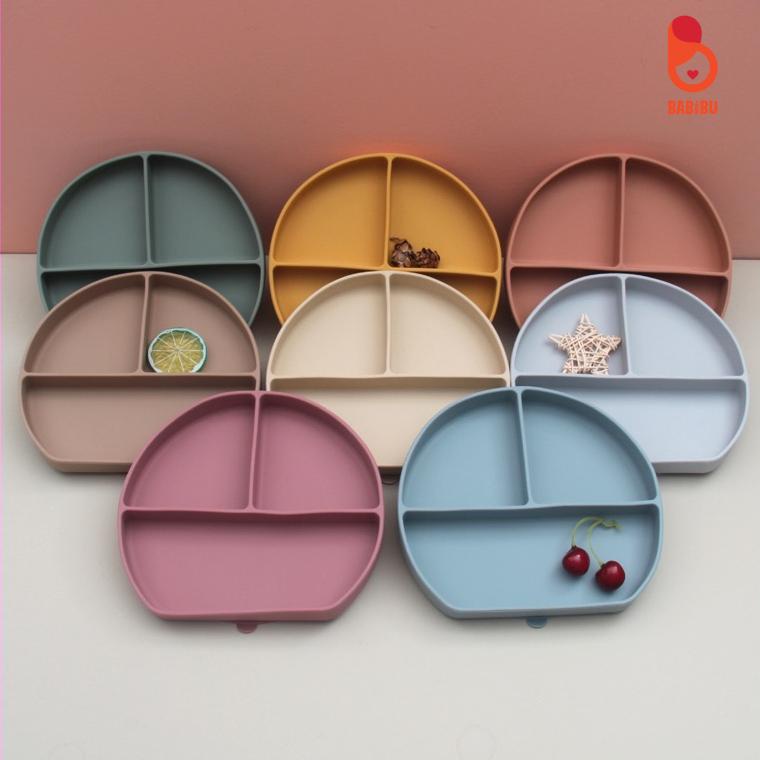 Khay Ăn Dặm Silicon Hình Tai Gấu Có Đế Chống Trượt Loại 3 Ngăn Cho Bé Babibu