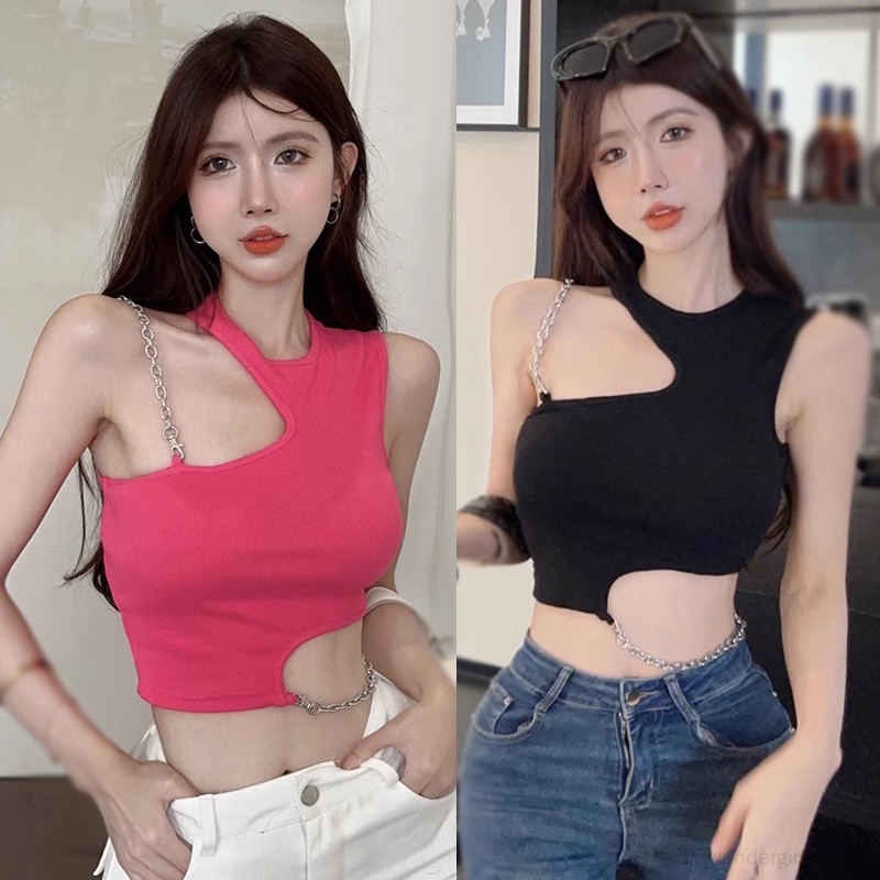Thời trang croptop của phụ nữ mùa hè Áo hai dây cotton không tay mỏng gợi cảm dây áo tăng không đều
