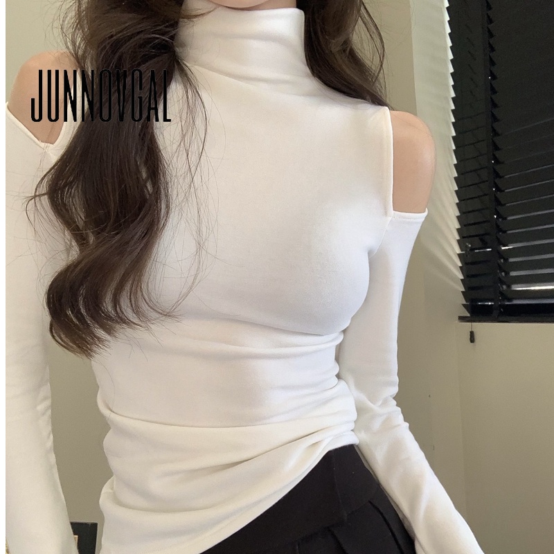 Áo thun nữ JUNNOVGAL tay dài hở vai cổ cao nửa thời trang mới 2023