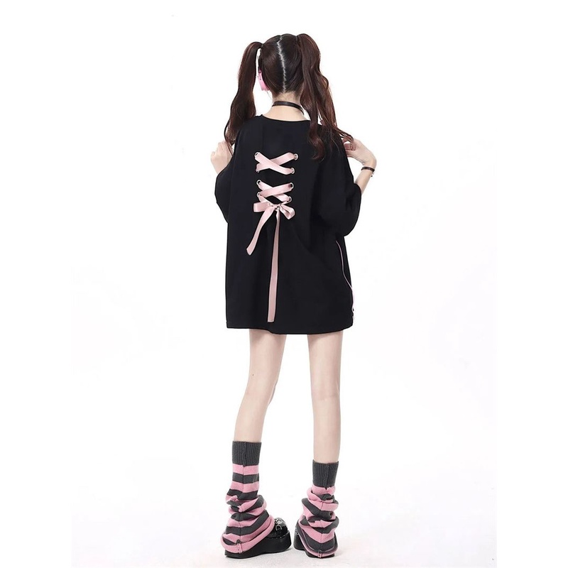 Nữ nơ tie in ngắn tay t-shirt lỏng trung bình chiều dài t-shirt top