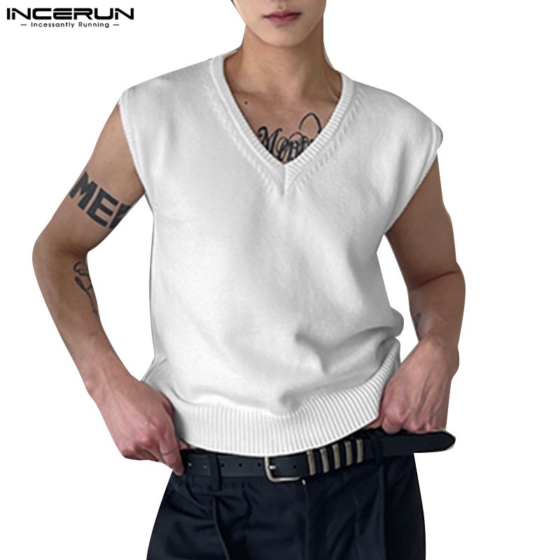 Áo dệt kim INCERUN cổ chữ V không tay thời trang dành cho nam