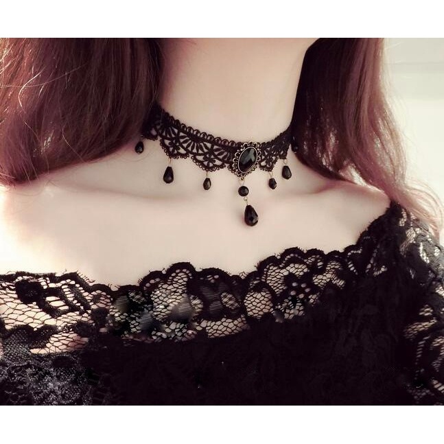 Best-bán cung điện retro gothic cá tính multi-layer pha lê ren vòng cổ choker chuỗi xương đòn