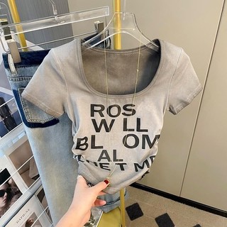 Áo Thun Ngắn Tay Cổ Vuông In Chữ Phong Cách retro Thời Trang Mùa Hè Dành Cho Nữ