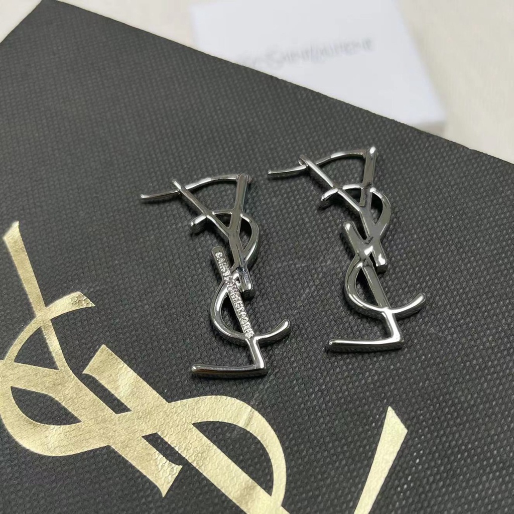 Ysl bông tai titan thép chữ logo ear hoop stud earrings trang sức của phụ nữ