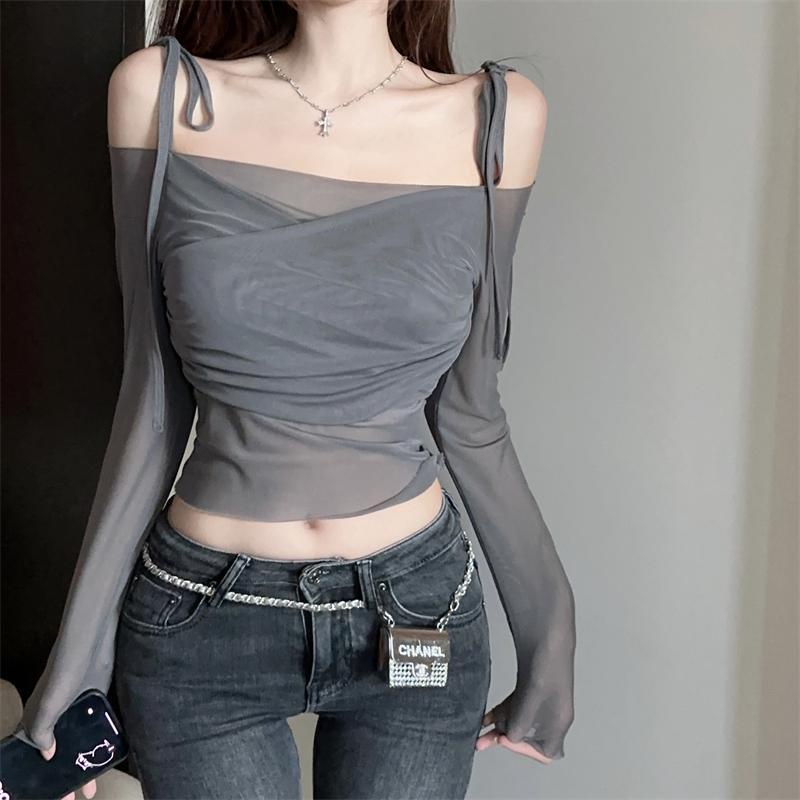 Áo Thun Tay Dài Trễ Vai Phối Lưới Mỏng Màu Trơn Phong Cách Pháp Thời Trang Cho Nữ