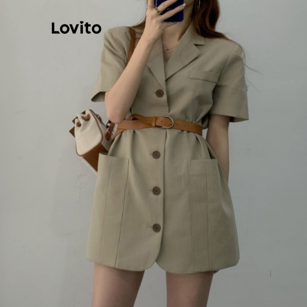 Lovito Áo blazer cổ chữ V trơn có nút thanh lịch dành cho nữ LNE19104 (Kaki)