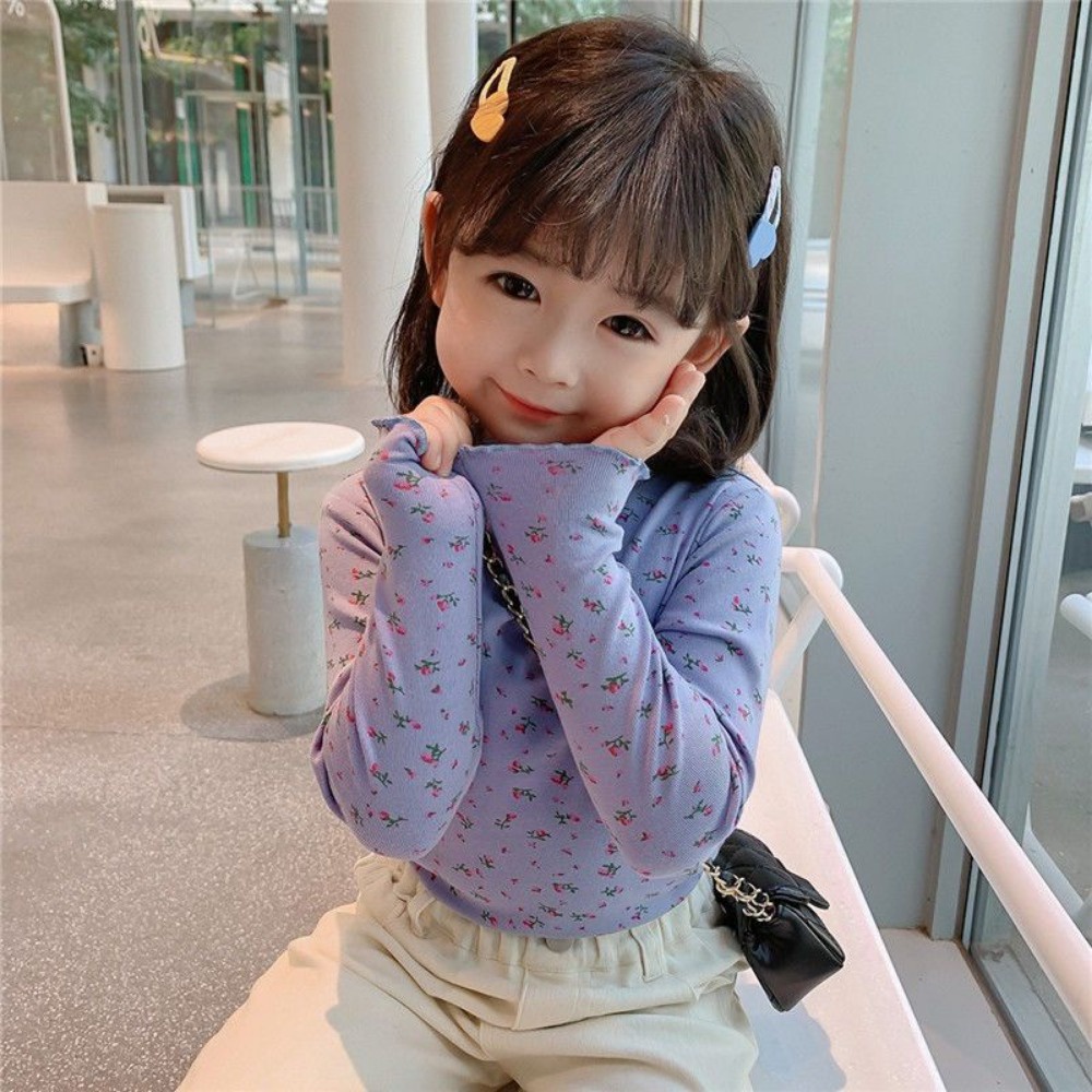 Girls spring new children long-sleeved t-shirt spring and fall half-high neck floral bottom shirt áo sơ mi thời trang cho bé