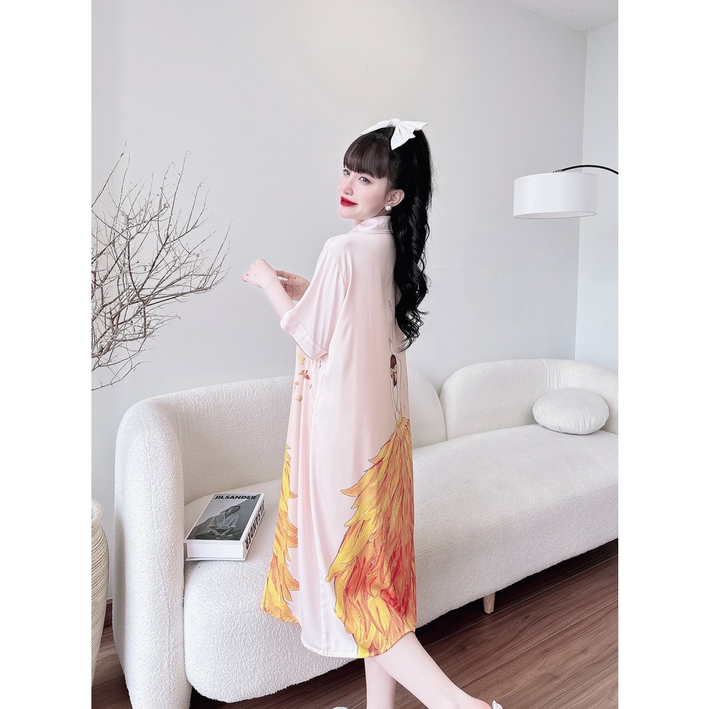 Đầm ngủ sơ mi lụa Olici váy mặc nhà bigsize suông rộng dáng dài in họa tiết 3D cao cấp | BigBuy360 - bigbuy360.vn