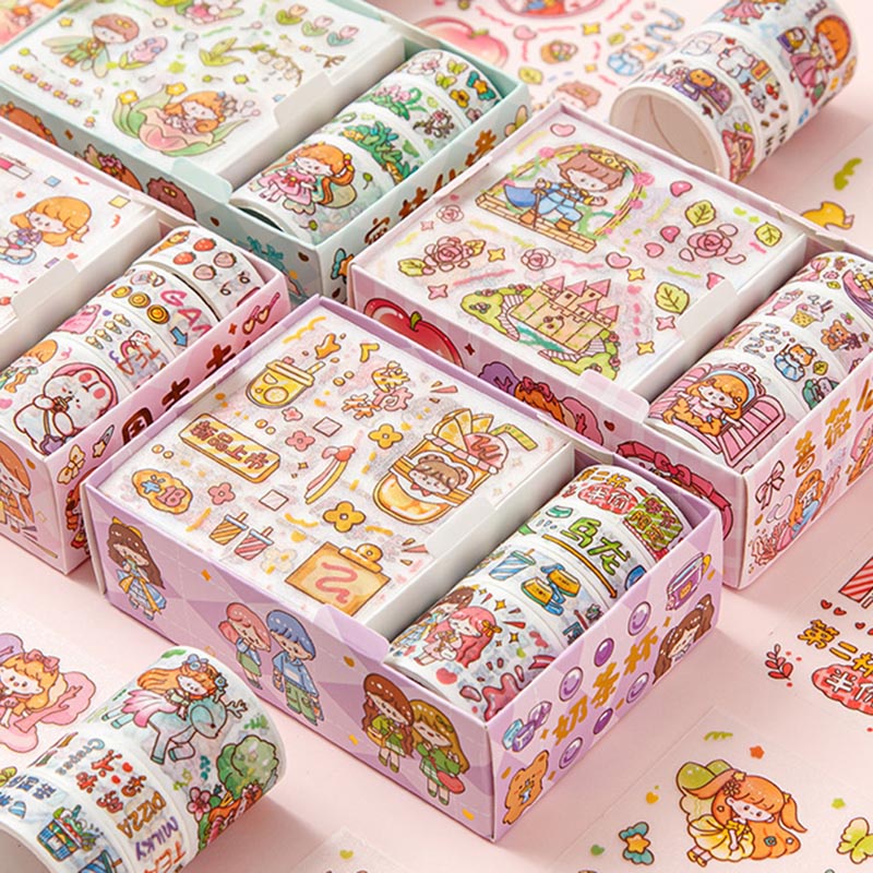 Hộp 8 món băng keo dính Washi tape + sticker dán trang trí sổ lưu niệm DIY hoa tiết hoạt hình cute OUYOUVN
