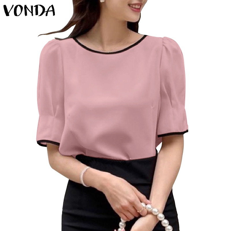 Vonda phụ nữ hàn quốc tay áo phồng tay ngắn cổ tròn áo sơ mi màu tương phản