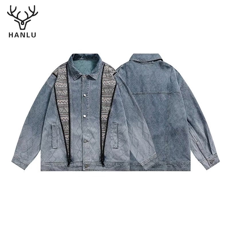Áo khoác denim HANLU một hàng nút tay dài phối màu đơn giản thời trang Harajuku phong cách Trung Hoa cho nam