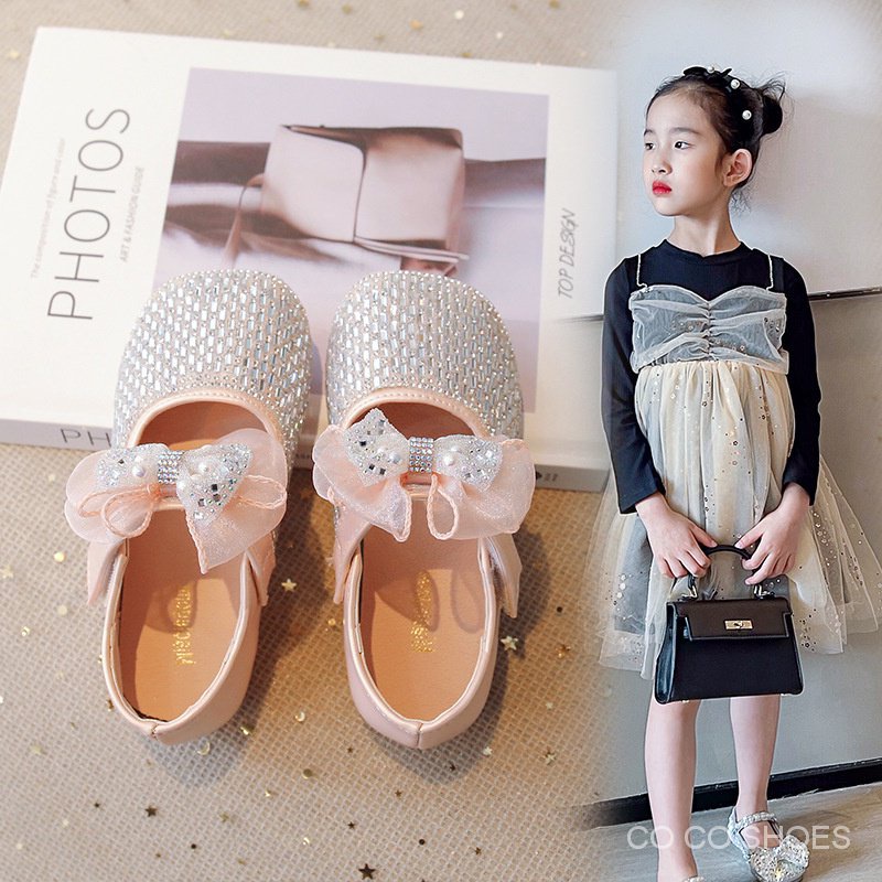 Girls princess shoes 2023 autumn new style soft sole little girl bow soft sole anti-slip rhinestone performance shoes giày đơn