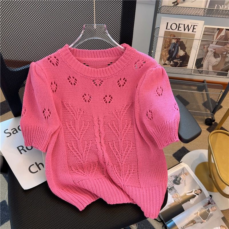 French hollow knitted t-shirt short-tay mỏng cổ tròn top leml