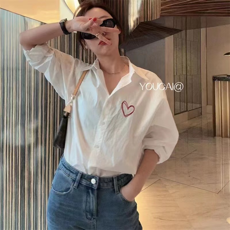 Áo Sơ Mi Trắng Tay Dài Dáng Rộng Thêu Hình Trái Tim Dễ Phối Đồ Thời Trang Cho Bạn Gái