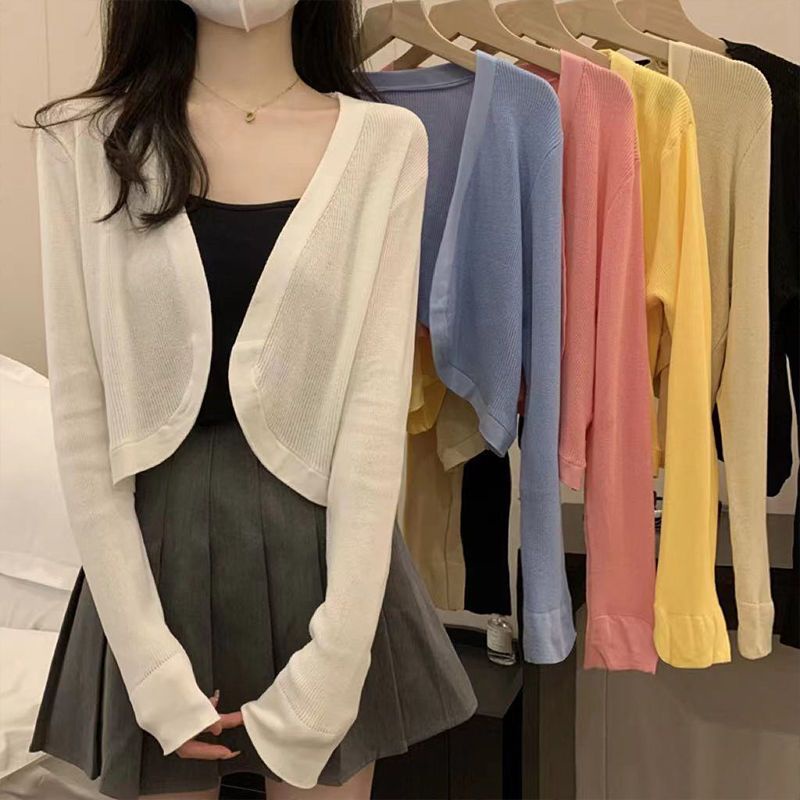 Trắng Mỏng Dệt Kim Nhỏ Cardigan Nữ Mùa Hè Mỏng Áo Khoác Ngoài Tay Dài Chống Nắng Đóng Áo Đa Năng Ngắn Áo Khoác Ngoài Áo