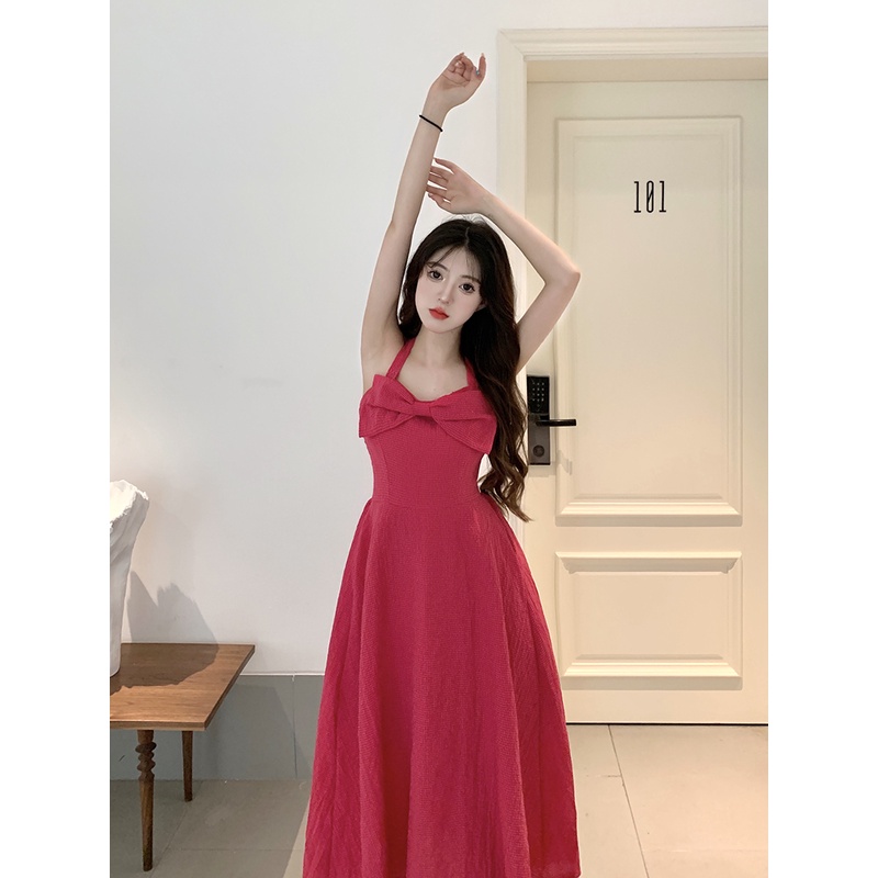 SUXI Đầm Hai Dây Màu Sắc Trơn Thắt Nơ Cổ Phong Cách Hàn Quốc Thời Trang Mùa Hè Xinh Xắn Cho Nữ