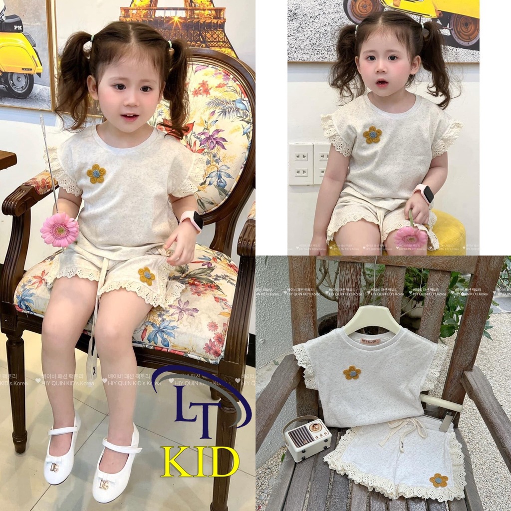 Bộ cotton tàu phối viền ren, gắn hoa len cho bé gái 8-20kg