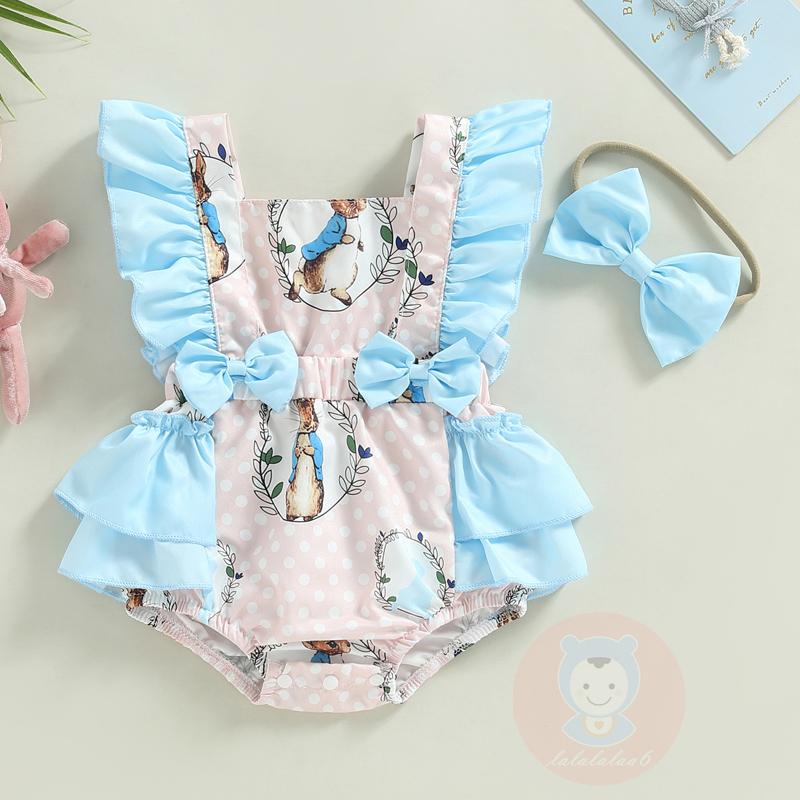 Áo Liền Quần Nhún Bèo Hở Lưng Cổ Vuông Họa Tiết Chấm Bi / Thỏ Kèm Băng Đô Nơ Xinh Xắn Cho Bé Gái LAA6