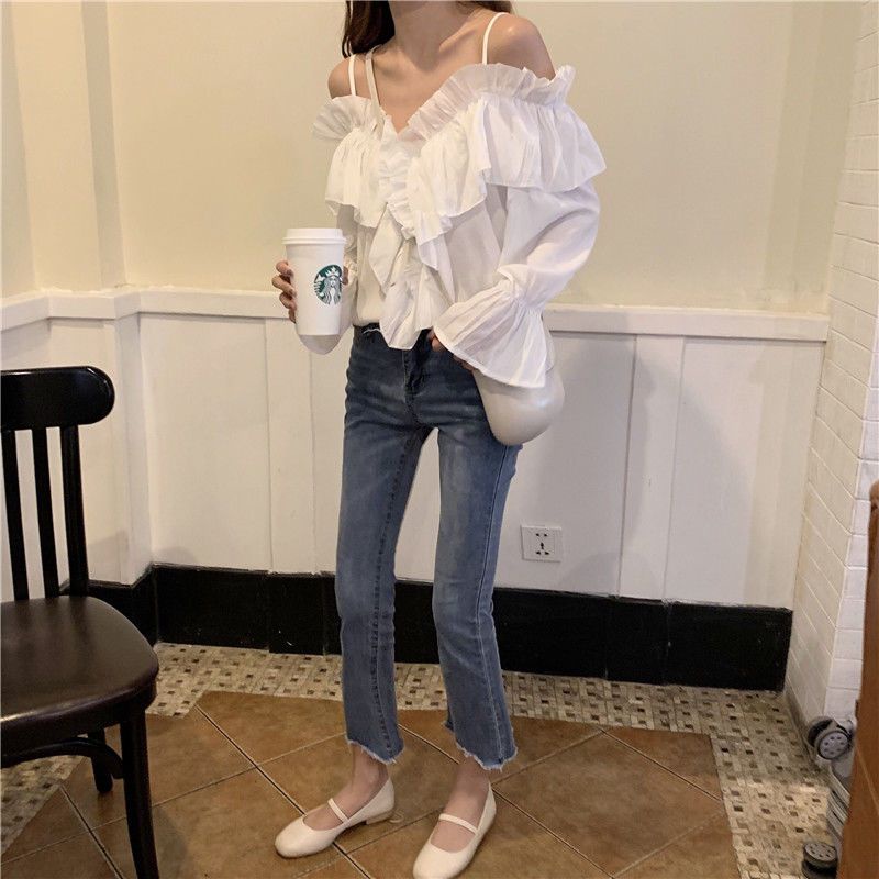 IELGY Áo Sơ Mi Tay Dài Loe Hở Vai Thời Trang Dành Cho Nữ