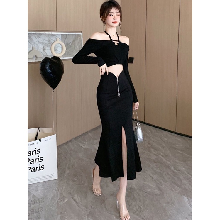 Chân Váy Đuôi Cá Dáng Chữ A Lưng Cao Màu Đen Thời Trang Thu Đông 2023