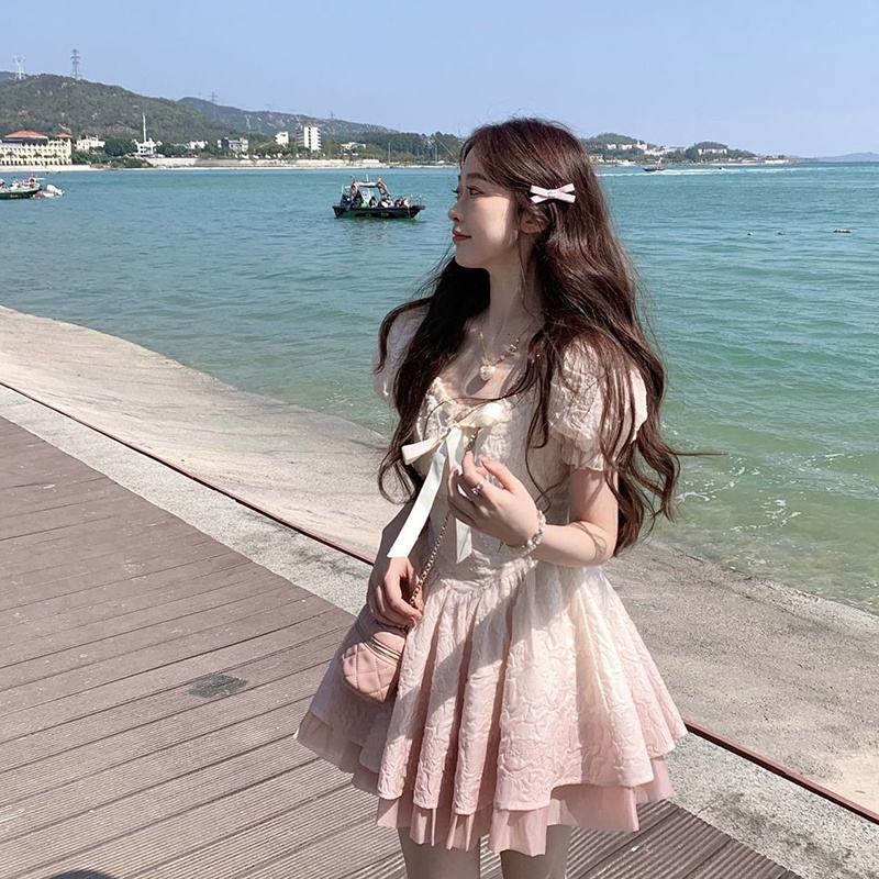 IELGY    Đầm Ngắn Chiết Eo Màu Hồng gradient Trắng Và Ngọt Ngào Phong Cách Hàn Quốc Cho Nữ