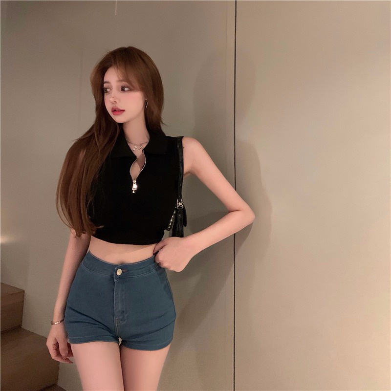 Áo croptop SUXI không tay cổ polo dáng ôm phong cách cổ điển thời trang mùa hè dành cho nữ