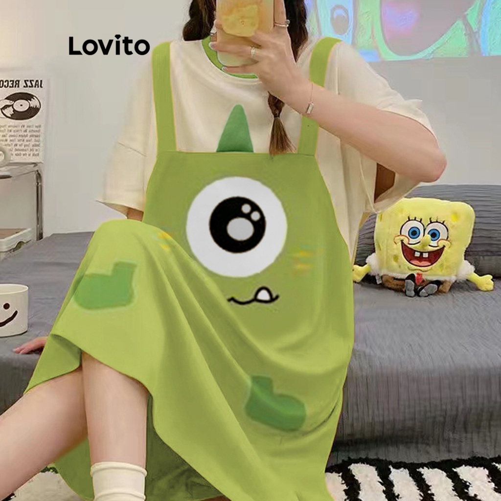 Lovito Váy ngủ maxi ngắn tay chữ A họa tiết hoạt hình đơn giản cho nữ LNE06095 (Màu xanh lá)