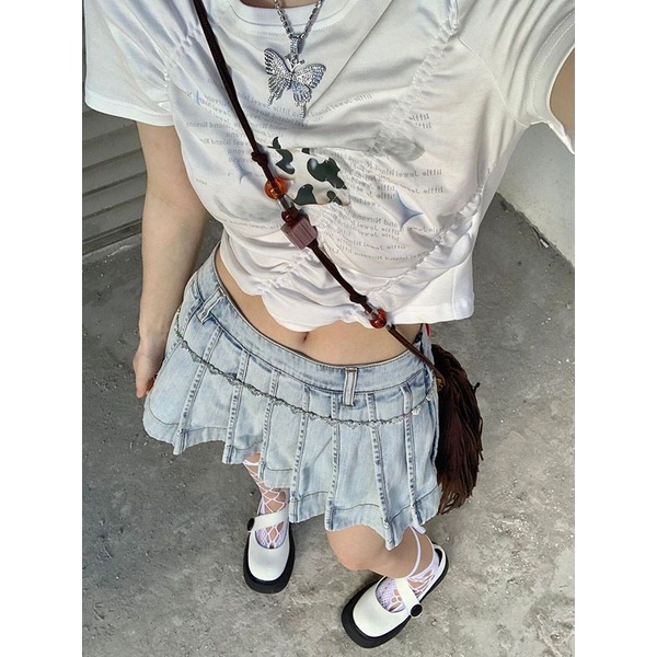 Áo Thun Crop Top Tay Ngắn Xếp Ly Lệch Tà Mùa Hè Phong Cách Mới Cho Nữ Y2K