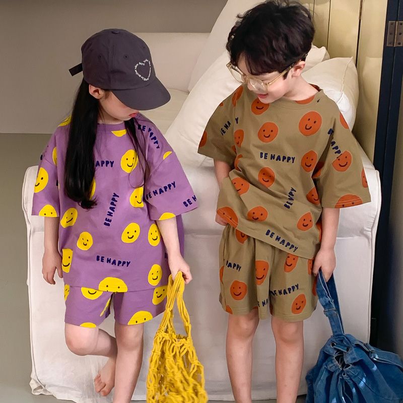 Set Áo Thun Ngắn Tay In Hình Mặt Cười Hoạt Hình Và Quần Short Thời Trang Mùa Hè Phong Cách Hàn Quốc Cho Bé