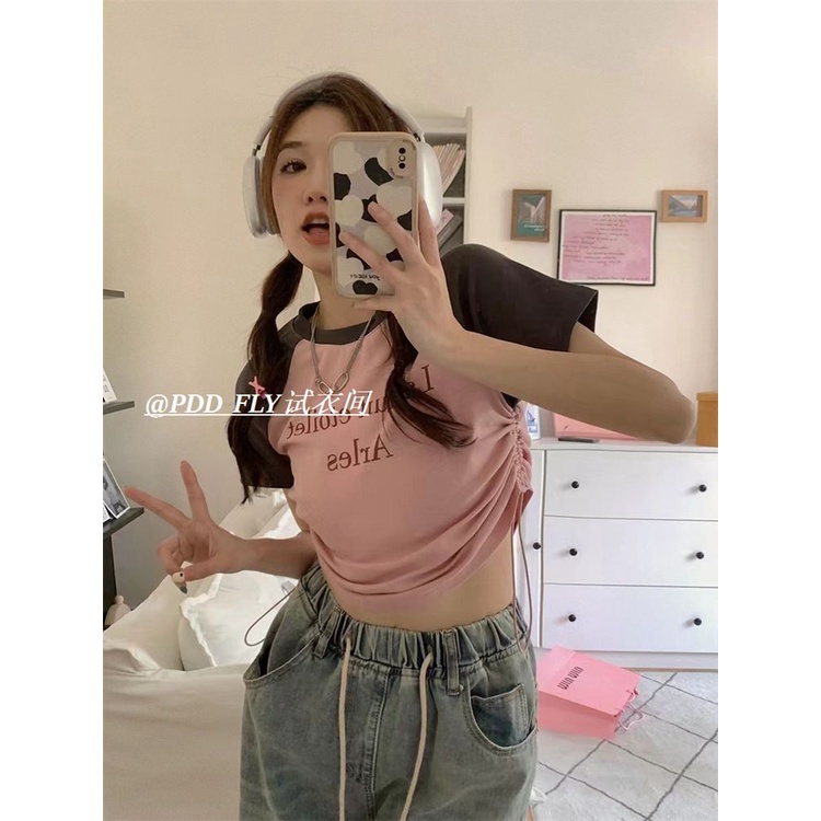 COZOK Áo Thun Ngắn Tay Cổ Thuyền Cột Dây Xếp Ly Màu Sắc Tương Phản Phong Cách Cổ Điển Thời Trang