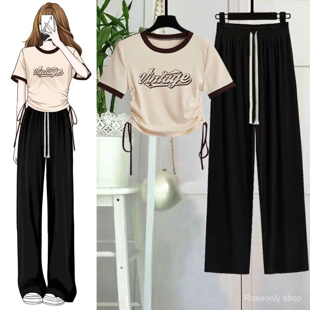 Set Áo Thun Ngắn Tay + Quần Dài Lưng Cao Ống Rộng Thời Trang Mùa Hè Cho Nữ