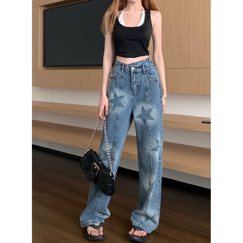 Quần Jean Nữ Ống Rộng Lưng Cao In Hình Ngôi Sao Kiểu Dáng Mới