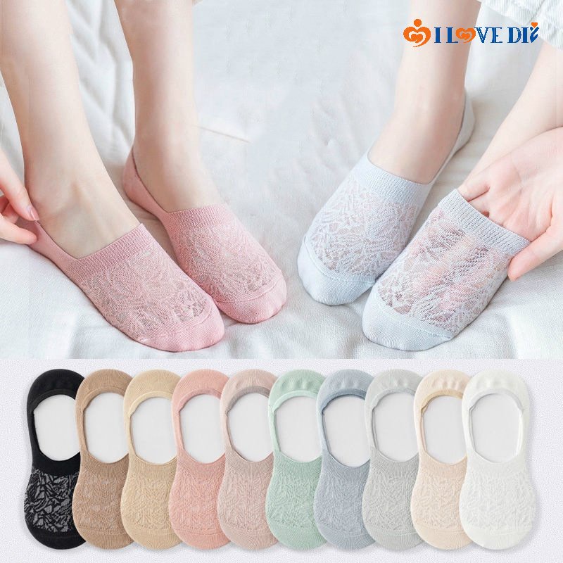1 Đôi Vớ Ren Hoa / Vớ Thuyền Vô Hình Chống Trượt Siêu Mỏng Thoáng Khí Thoải Mái Thời Trang Mùa Hè