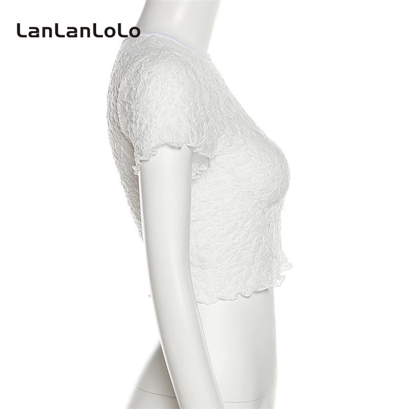 Áo thun LanLanLoLo tay ngắn cổ tròn màu trơn phối lưới nhìn thấu thời trang 2023 cho nữ