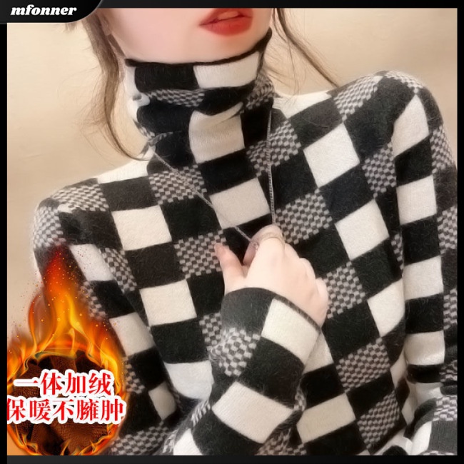 Áo Sweater Cổ Lọ Tay Dài Dáng Ôm Sọc Ca Rô Thời Trang Ấm Áp Xinh Xắn Cho Nữ