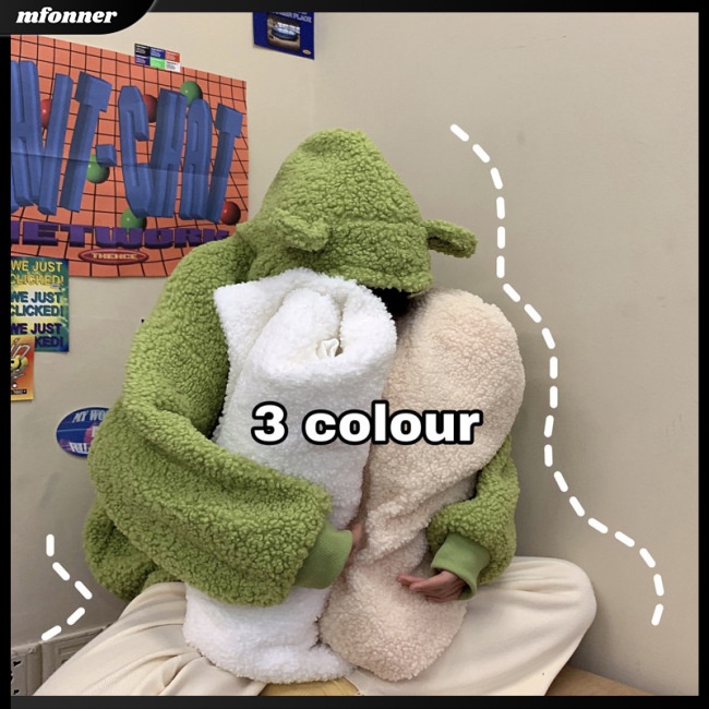 Áo Khoác Dáng Rộng Màu Trơn Phối Lông Ấm Áp Dễ Thương Cho Nữ