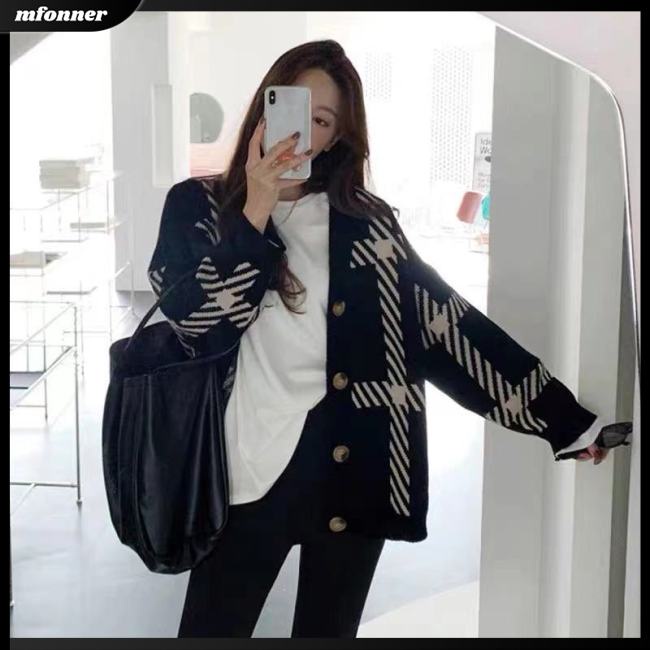 Áo Khoác Cardigan Dệt Kim Tay Dài Dáng Rộng Cổ Chữ V Họa Tiết Kẻ Sọc Thời Trang Mùa Đông Cho Nữ