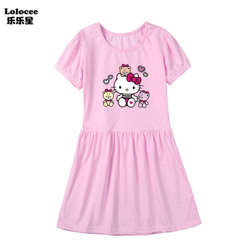 Đầm Tay Ngắn In Hình Mèo Hello Kitty Chất Liệu Cotton Thời Trang Xinh Xắn Cho Bé Gái