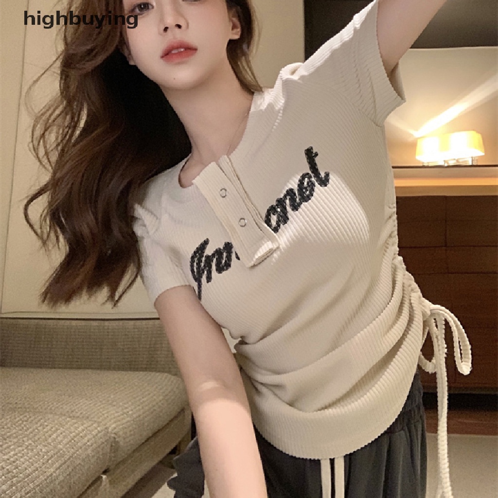 Áo Thun Ngắn Tay Cổ Tròn Dây Rút Thời Trang Nữ