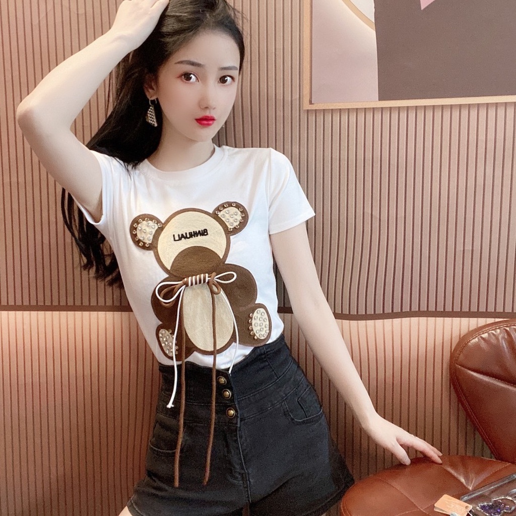 Áo Thun Nữ Tay Ngắn In Hình Gấu Dễ Phối Đồ Thời Trang Mùa Hè